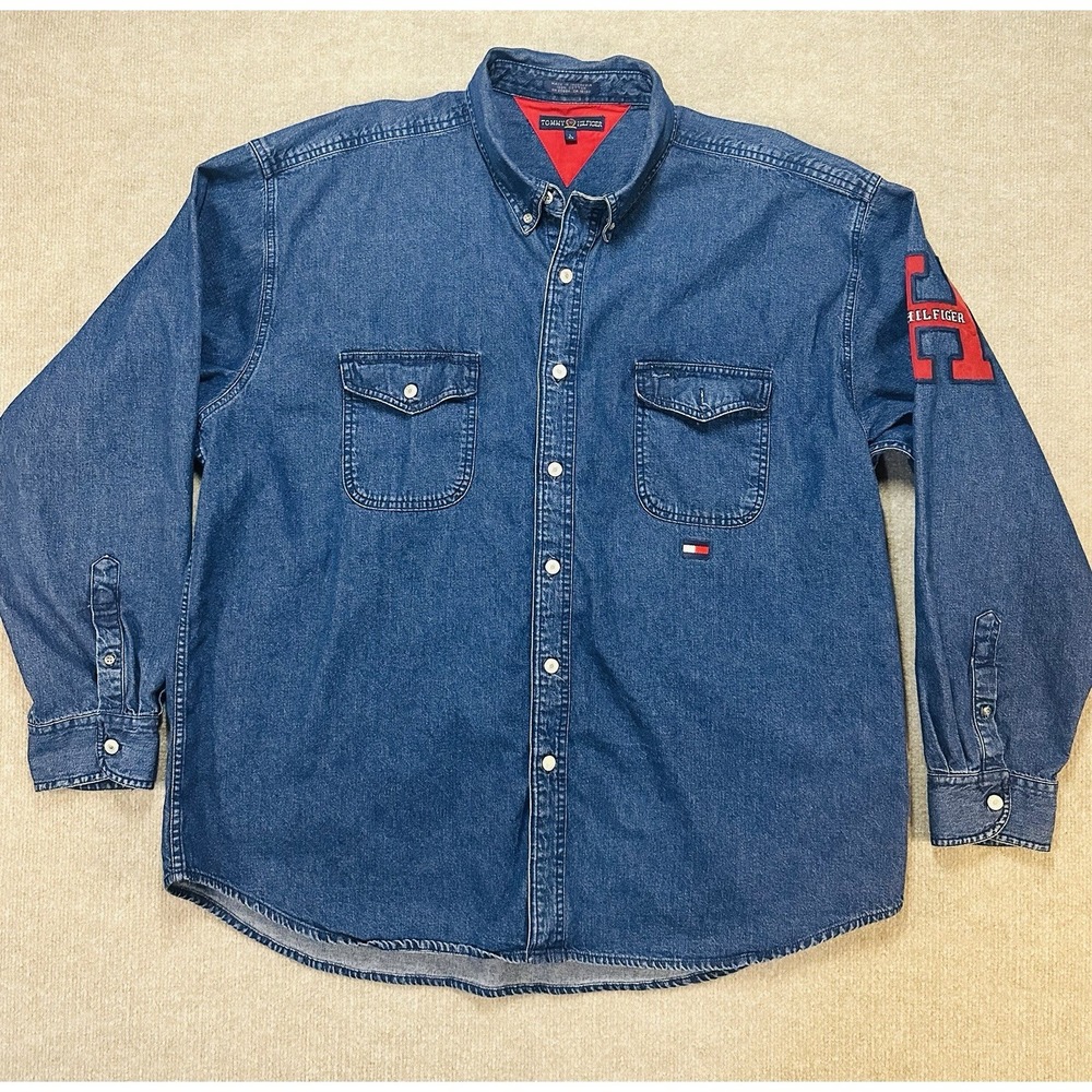 Vintage Tommy Hilfiger Shirt Mens Large L Blue Button Up Loose Denim Hip Hop 90s